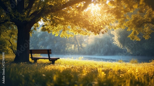 A bench under the tree next to water, golden hour, generated with AI