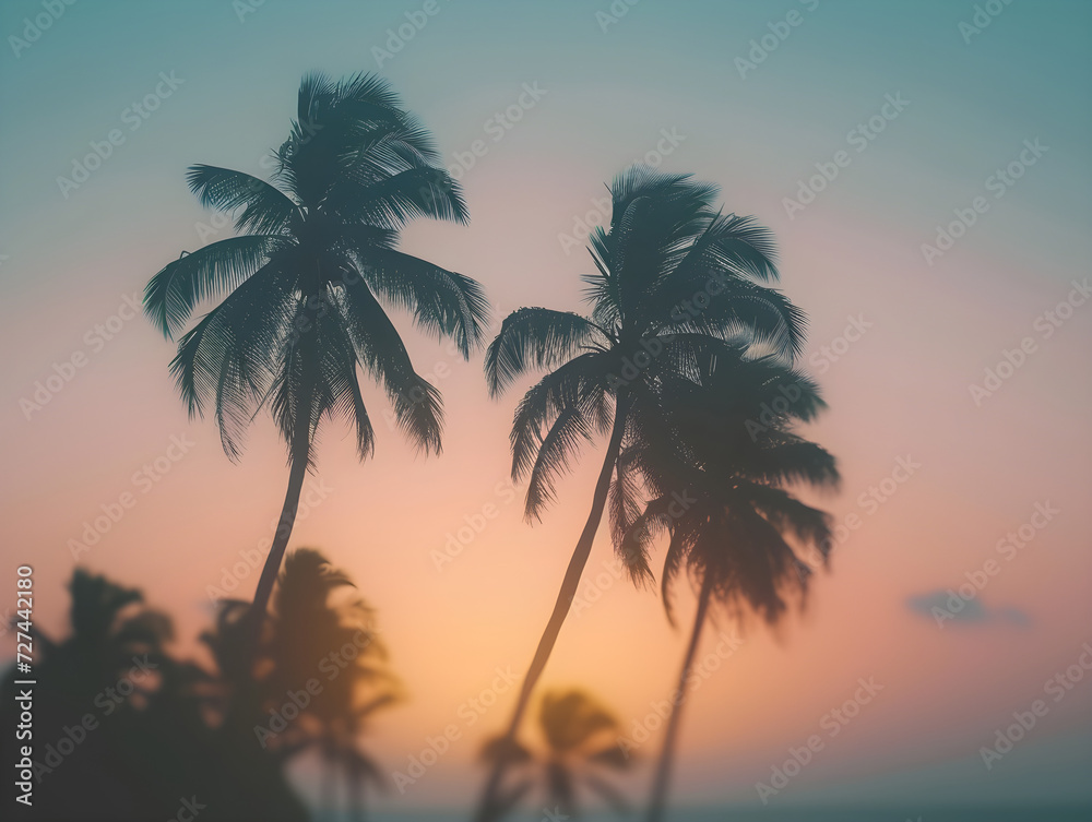 Serene Tropical Sunset with Silhouetted Palm Trees – Warm Hues and Gentle Breeze Background, Concept of Peace, Relaxation, and Natural Beauty – Balanced Composition for Calmness