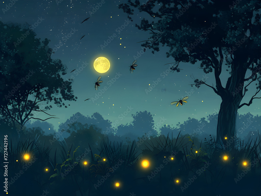 Enchanting Full Moon Night Landscape with Silhouetted Tree and Magical Fireflies, Starry Sky Background - Concept of Tranquility, Nature's Magic, and Serene Nighttime Beauty