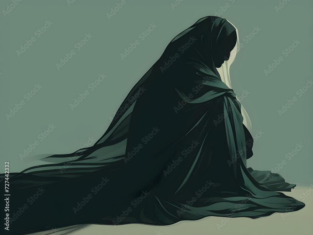 Solitary Figure in Contemplation - Introspective Individual Wrapped in Dark Flowing Cloak, Melancholic Mood, Shades of Green and Black, Concept of Solitude and Reflection Solitary Figure in Contemplation - Introspective Individual Wrapped in Dark Flowing Cloak, Melancholic Mood, Shades of Green and Black, Concept of Solitude and Reflection