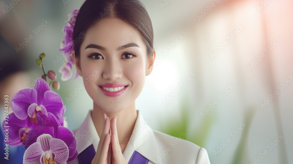 A beautiful friendly and smiling Asian young female receptionist in a jacket folds her hands in a welcoming gesture Thai wai A beautiful friendly and smiling Asian young female receptionist in a jacket folds her hands in a welcoming gesture Thai wai