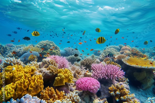 Vibrant coral reef with diverse marine life underwater