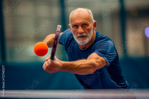 Senior Man Concentrating on Pickleball Game with Intensity