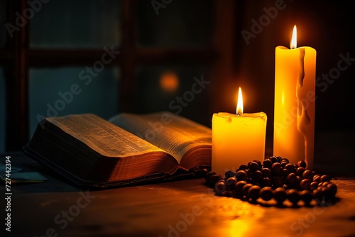 Candlelit vigil with open bible and rosary beads on a wooden table