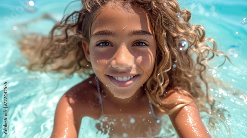 Joyful Young Girl Swimming in Clear Blue Pool Water