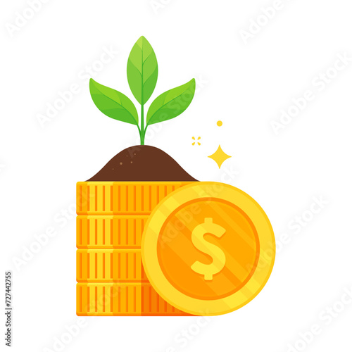 Nature – Finance – Green Economy, Sustainable Development, ESG Investment, And Carbon Credit Concept – Flat Illustration Featuring a Stack of Golden Coins with a Young Green Plant Growing on Top