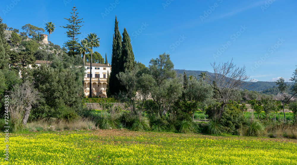 Stately Manor Amidst Verdant Gardens and Blossoming Fields in Mallorca