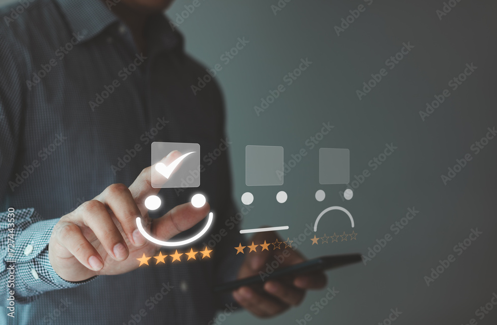 Customer satisfaction survey concept, Client feedback, The best service from employees, happy users give 5-star rating online digital marketing, experience review in service from business reputation.
