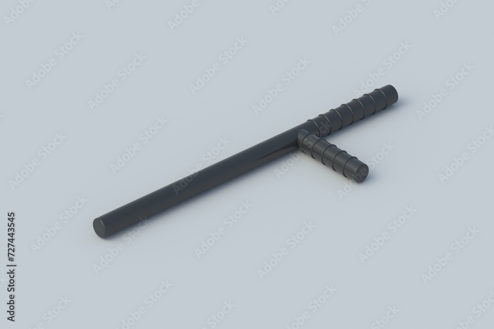 Defence tool. Policeman ammunition. Security accessories. Police baton on gray background. 3d render