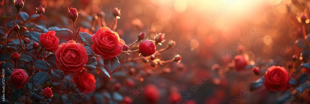 Baner czerwonych kwitnacych krzewów róż - obrazy, fototapety, plakaty 