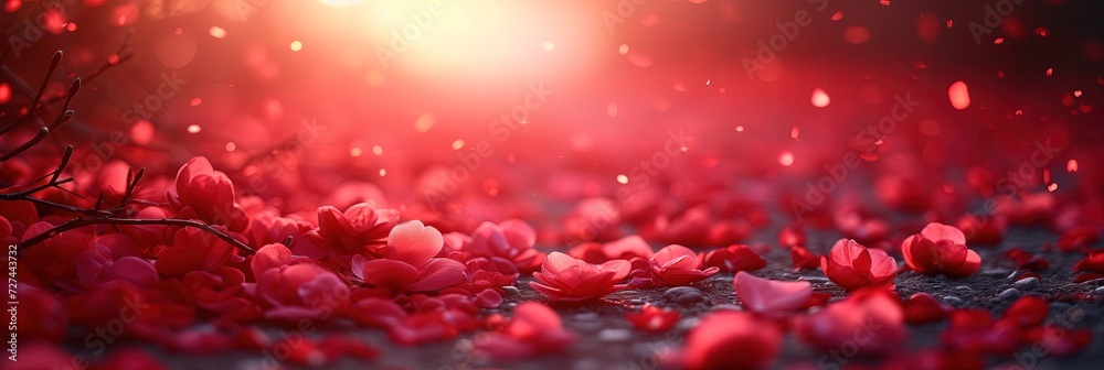 Baner z grupą czerwonych kwiatów, które leżą na ziemi. - obrazy, fototapety, plakaty 