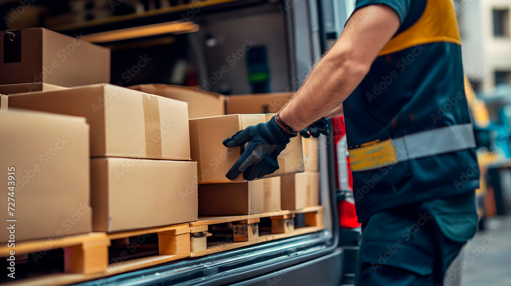 Transportista de mercancías sacando cajas de carton de una furgoneta de reparto
 - obrazy, fototapety, plakaty 
