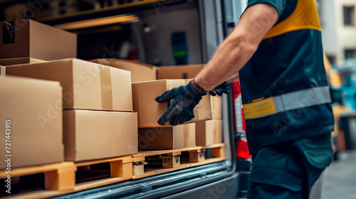 Transportista de mercancías sacando cajas de carton de una furgoneta de reparto
 photo