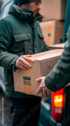 Transportista de mercancías sacando cajas de carton de una furgoneta de reparto 