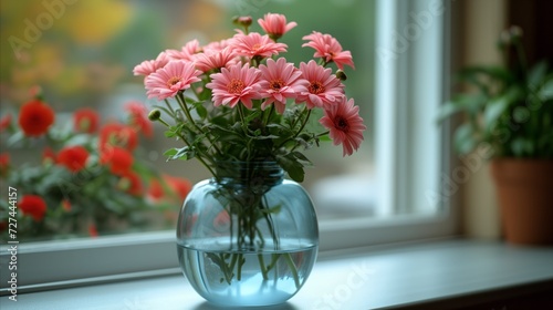 Pink Flowers Filling Vase on Window Sill