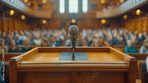 Microphone on Podium Overlooking Audience in Lecture Hall photo