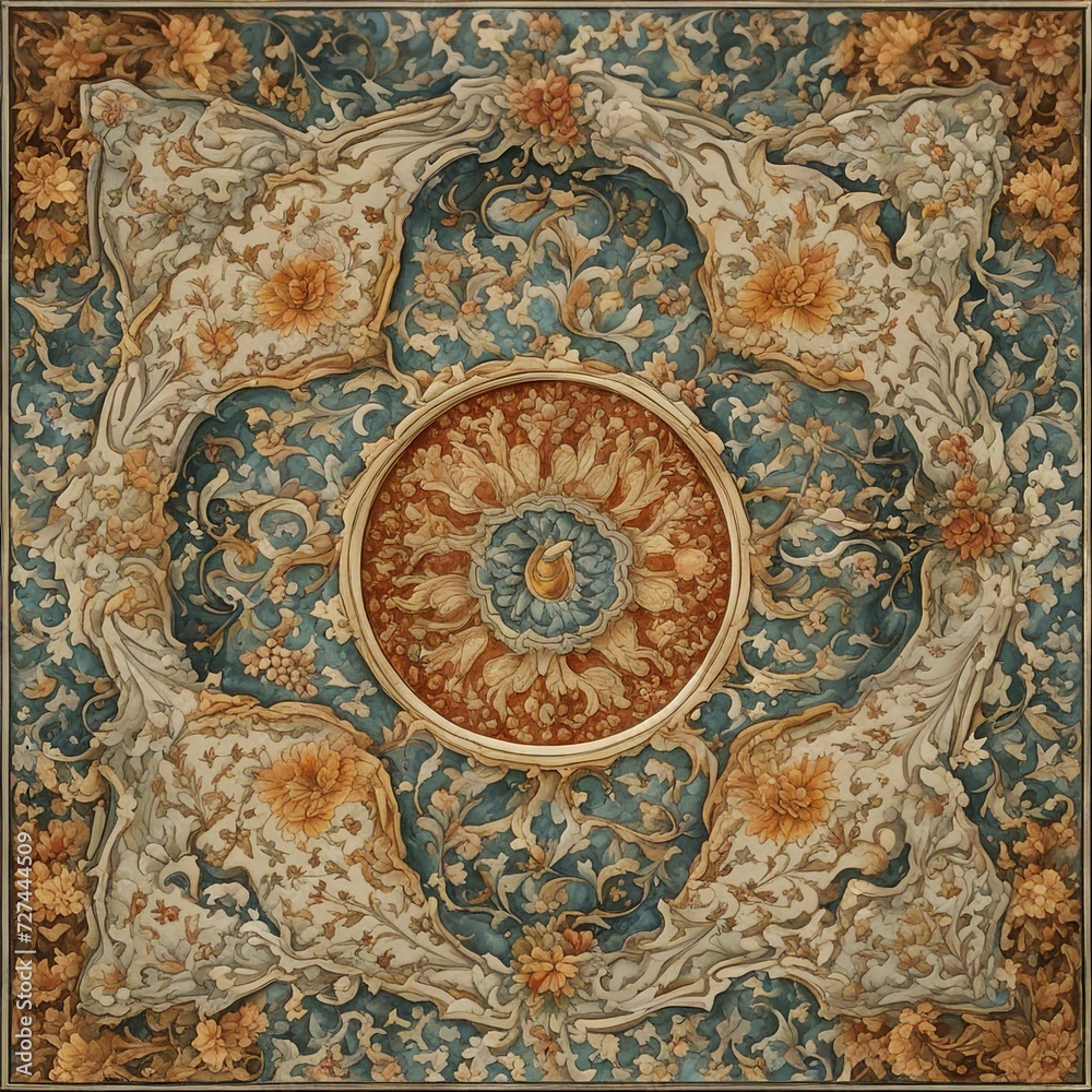 detail of the ceiling of a mosque A Turkish decorative tile plate background with a detailed and elegant texture and a variety of color 