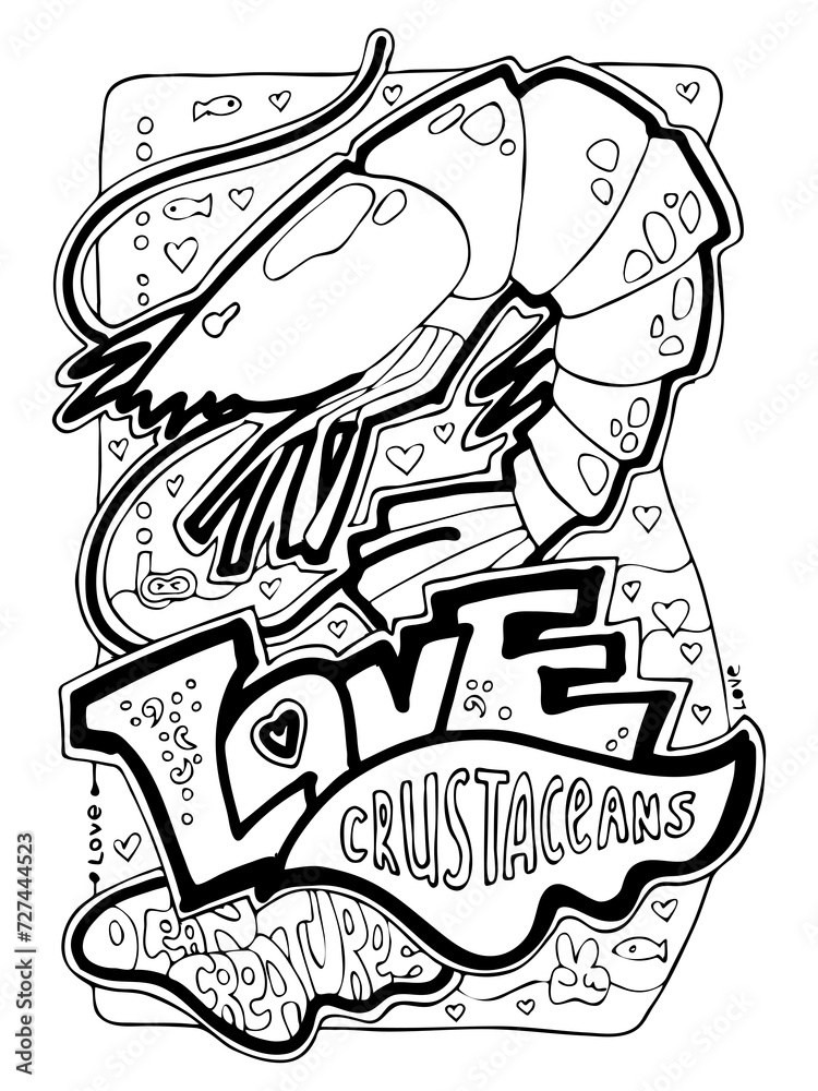 Fototapeta premium Ocean animals coloring book page. Colouring pages set for adults and kids. Funny cute sea creatures, fish. Under water life. Vacation holiday theme. Hand drawn illustration, cartoon style line drawing