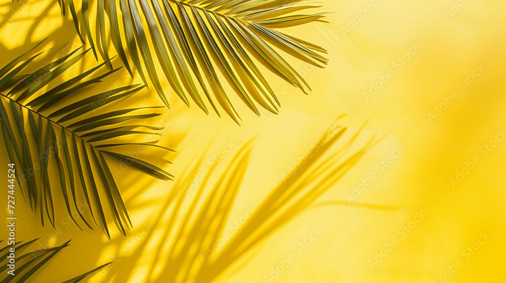 Obraz premium Minimal modern product display on yellow background with fresh palm leaves and shadows.