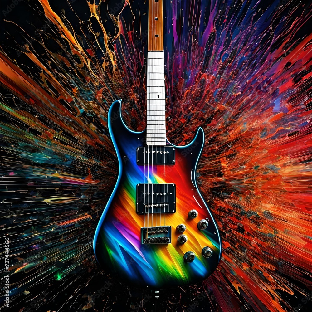 Electric guitar with rainbow paint energetic explosion, Generative AI, is not based on any original image, character or person