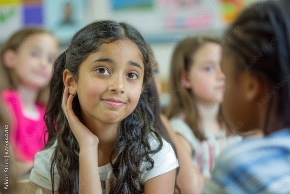 A thoughtful young girl in a classroom setting, reflecting on her lesson and fully engaged in learning, group of students in classroom A thoughtful young girl in a classroom setting, reflecting on her lesson and fully engaged in learning, group of students in classroom
