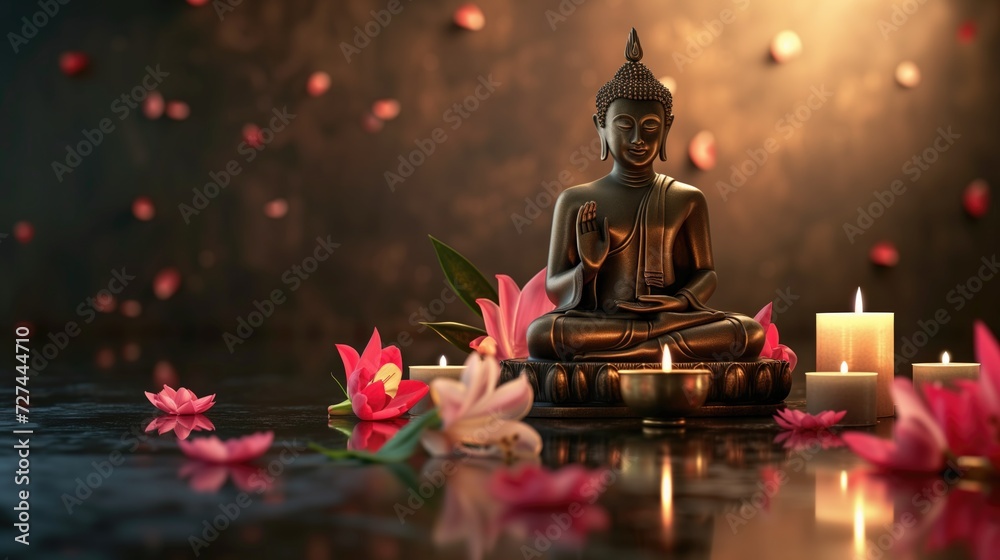 Buddha statue with flowers and candle on black background