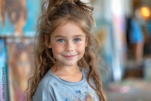 Cheerful and carefree, the playful child with curly hair and glowing freckles beams with the joy of youth., portrait of a girl in a art studio