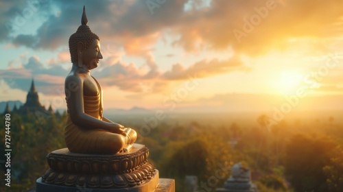 Buddha statue and sunset background. Vintage tone filter effect color style.