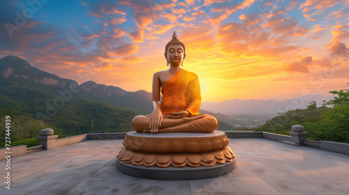 Buddha statue on the mountain at sunset