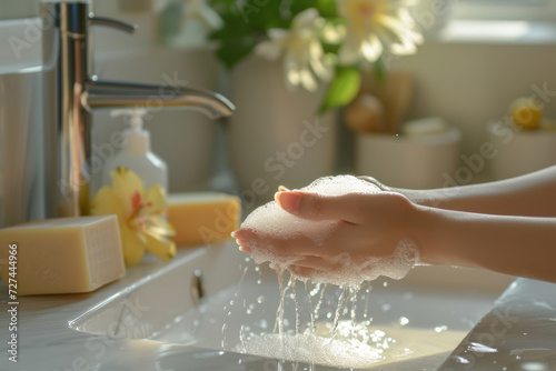 Woman washing hands under water tap in kitchen. Generative AI