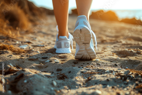 Woman in running shoes on the beach. Workout and training to start a run. Generative AI