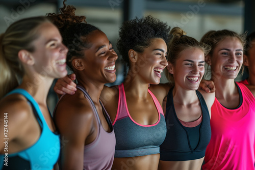 a group of friends laughing and taking pictures at the gym. concept of fitness friendship