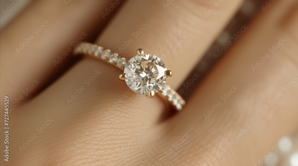 Close-Up View of a Solitaire Diamond Engagement Ring on a Finger Close-Up View of a Solitaire Diamond Engagement Ring on a Finger