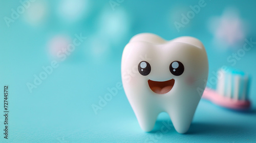 cute smiling cartoon tooth with toothbrush. Stomatology, dental concept.