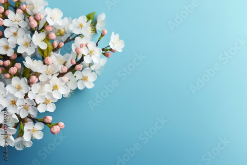 Spring blossoms on pastel blue background. Springtime composition with copy space