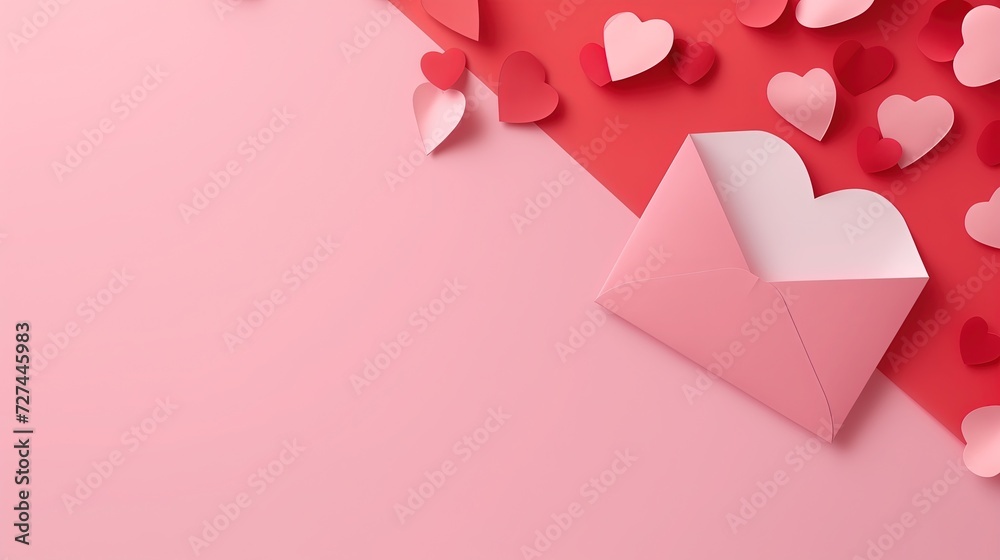 Różowa koperta udekorowana serduszkami, symbolizująca walentynki, kochanie i romans. - obrazy, fototapety, plakaty 