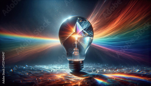 Creative light bulb. Prismatic Light Bulb Refraction on Dark Surface. Think differently creative idea concept. Generative AI