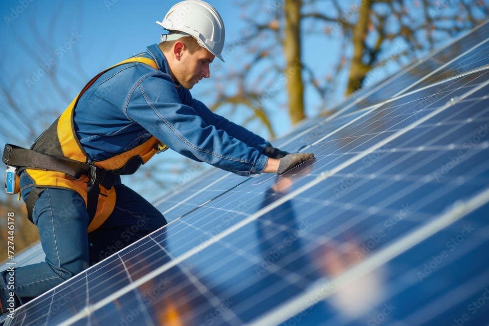Male worker install solar panels on a house rooftop, renewable energy Male worker install solar panels on a house rooftop, renewable energy