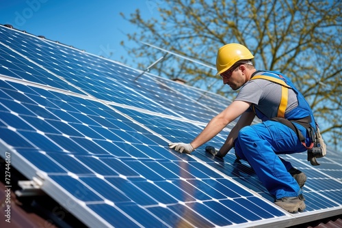 Male worker install solar panels on a house rooftop, renewable energy