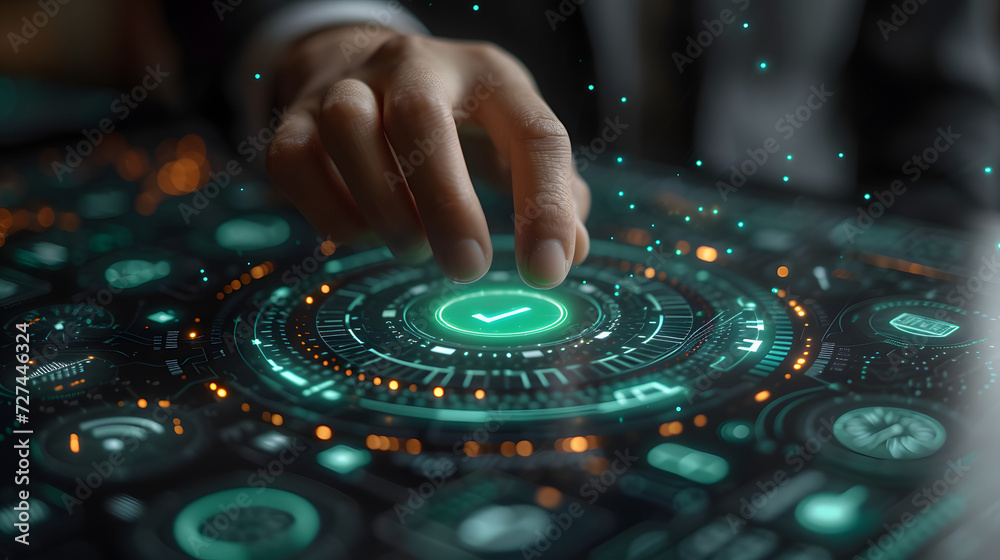 Obraz premium Abstract concept photo of man touching future technology social network button