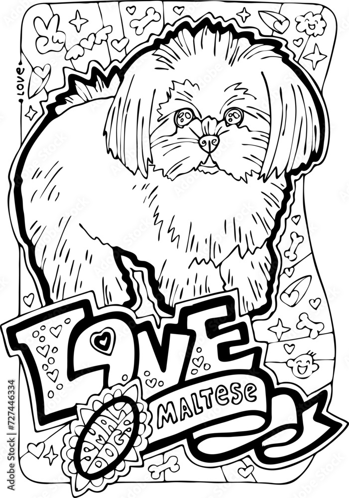 Obraz premium Small dog pet coloring book pages. Cute and lovely little puppet, funny house animal colouring vector page hobby for adults and kids. Hand drawn illustration, cartoon character, line style drawing.