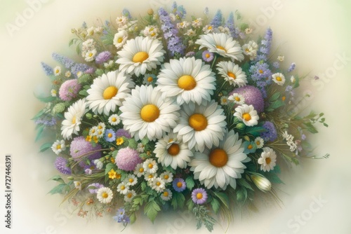 Ein zarter Strauß aus weißen Gänseblümchen und verschiedenen Wildblumen auf einem weichen cremefarbenen Hintergrund. Geburtstagkarte, Postkarte. Generatibe KI