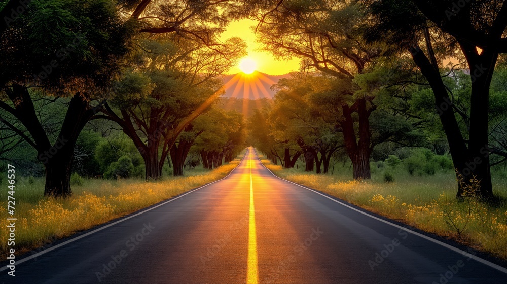 Sunburst Over a Serene Road at Sunset Sunburst Over a Serene Road at Sunset