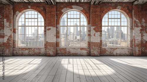 Spacious Industrial Loft With City View Through Large Arched Windows