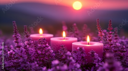 Tranquil Sunset With Lit Candles Amidst Lavender Flowers