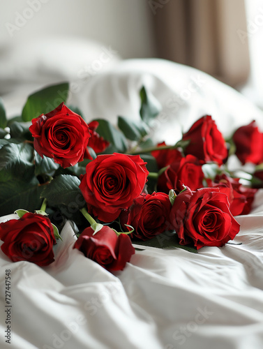 a bouquet of delicate red roses on a white bed