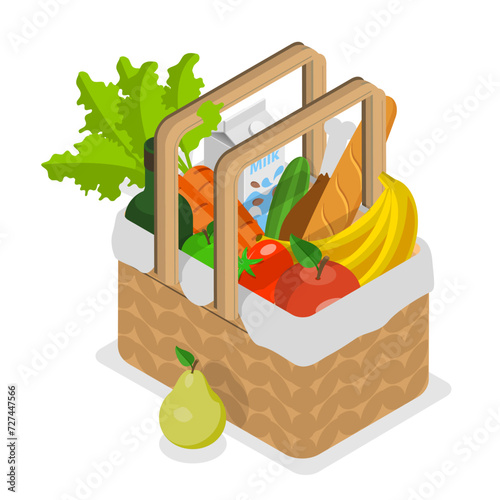 3D Isometric Flat Vector Set of Picnic Baskets , Food in Wicker Crates. Item 3