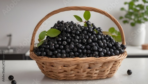 Several pieces of Aronia in a rosebush basket placed on a kitchen table sprinkled with droplets of water making them shiny