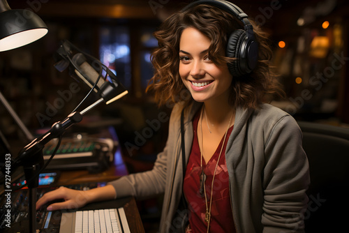 Portrait of a beautiful young woman in headphones working in a recording studio