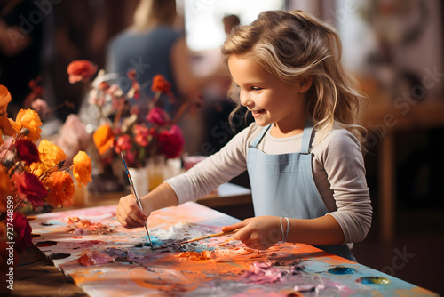 cute little girl painting with watercolors at table in workshop